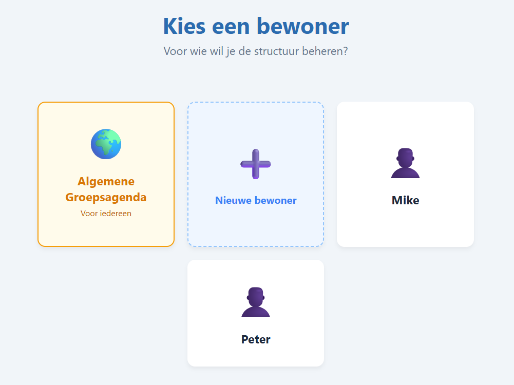 Selectiescherm met bewonersprofielen en de algemene groepsagenda